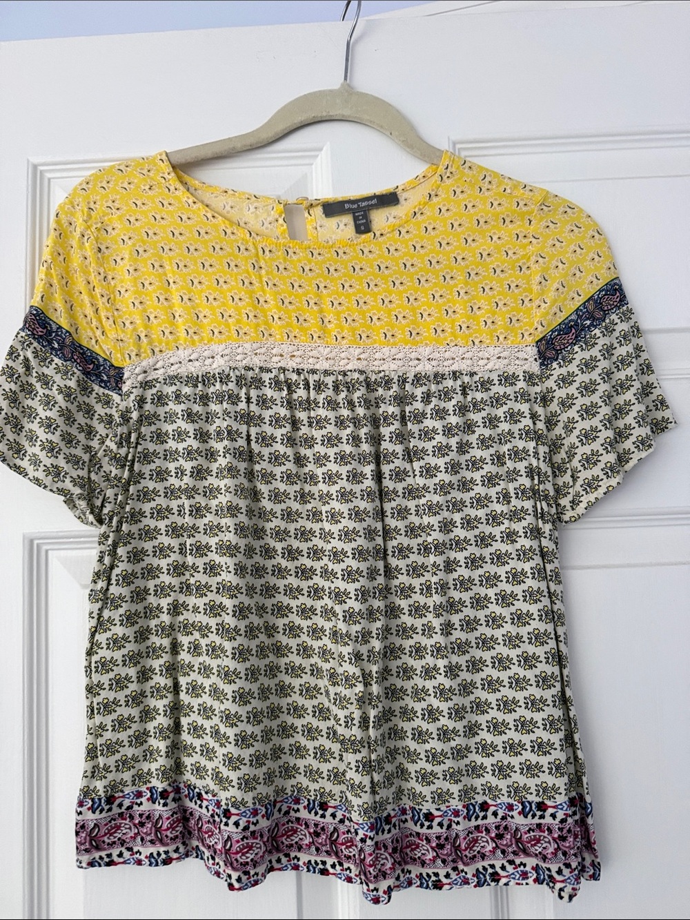 Anthropologie Yellow and Black Mixed-Print Short Sleeve Blouse